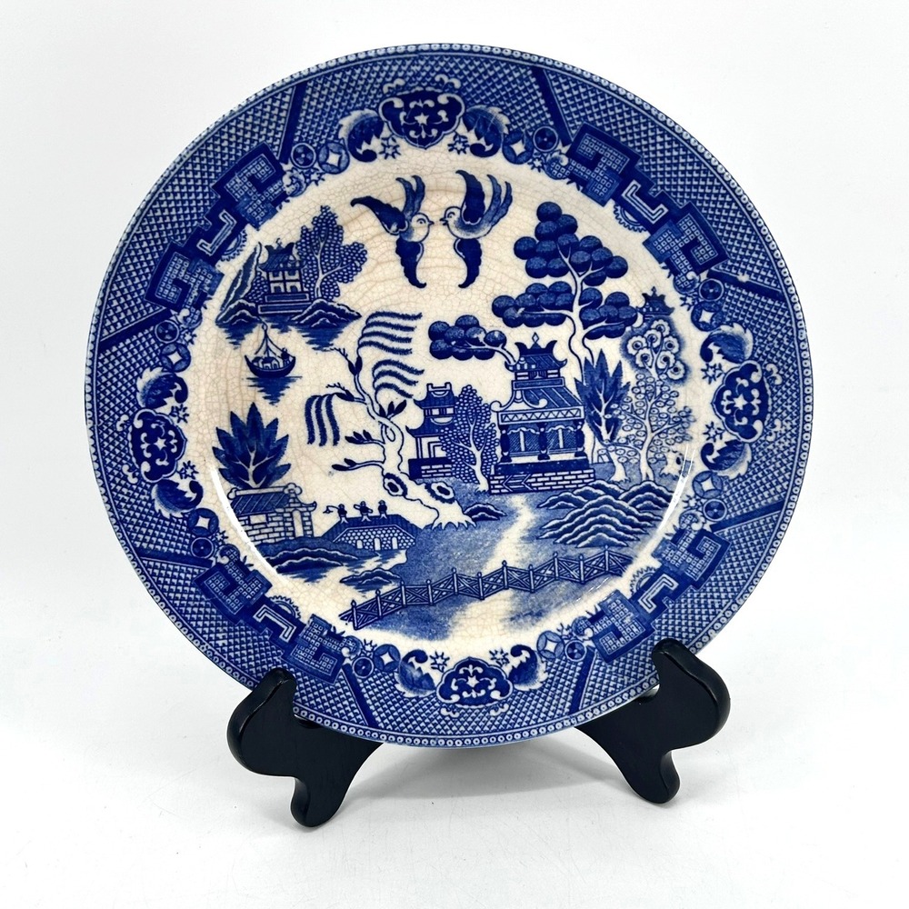 Vintage Blue Willow Japan Transferware Plate 9 Inch Pagoda Two Birds Chinoiserie